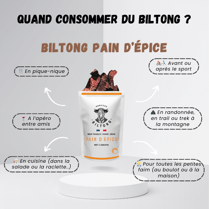 
                  
                    Monsieur Biltong : Conseil sur quand consommer et déguster sans modération le Biltong. Plusieurs idées : en pique-nique, à l'apéro entre amis, en cuisine (dans la salade ou la raclette), avant ou après le sport, en randonnée, en trail ou trek à la montagne, pour toutes les petites faim (au boulot ou à la maison)
                  
                